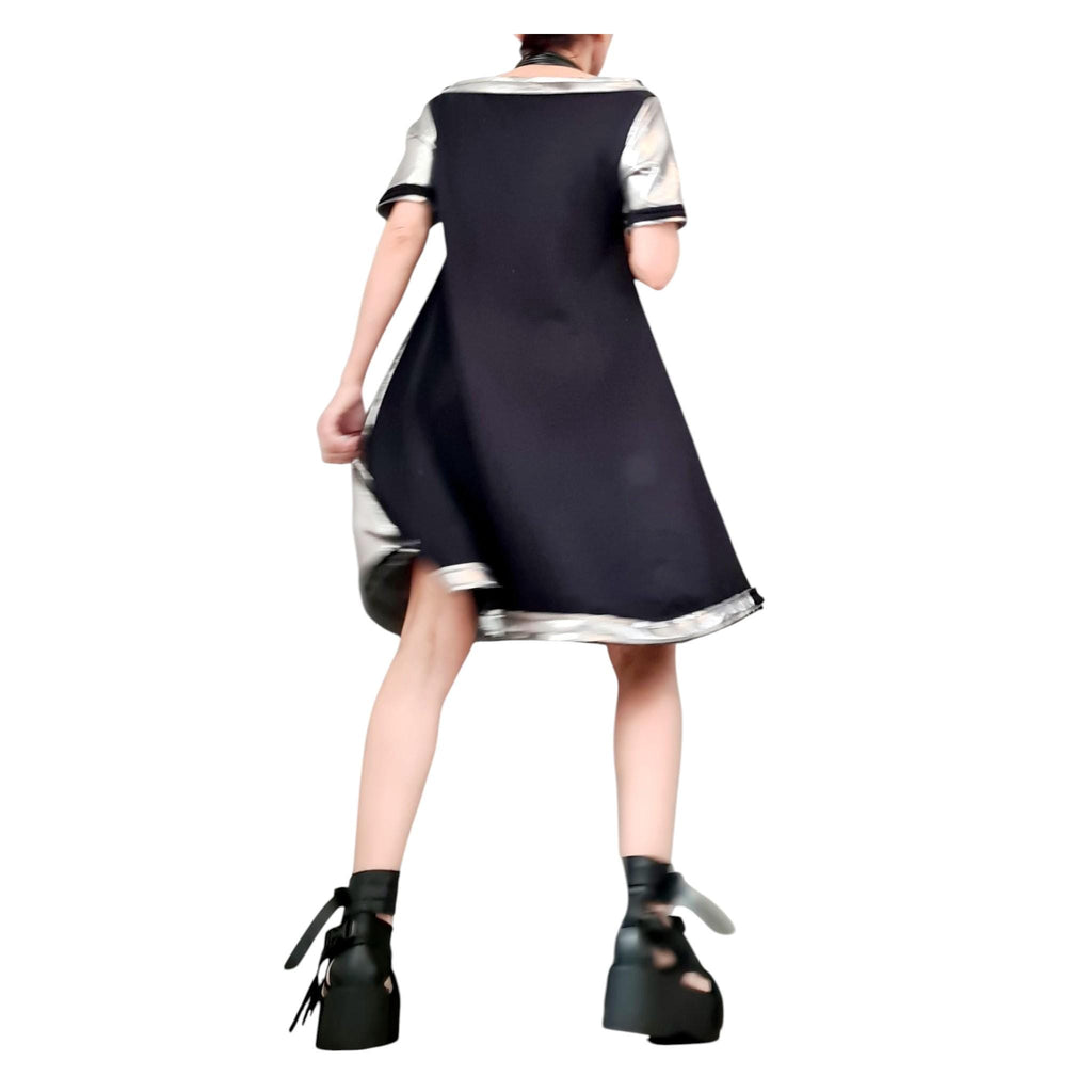 Black Silver Dress, Loose Cotton Tunic, Oversize A Line Short Sleeve Tunic