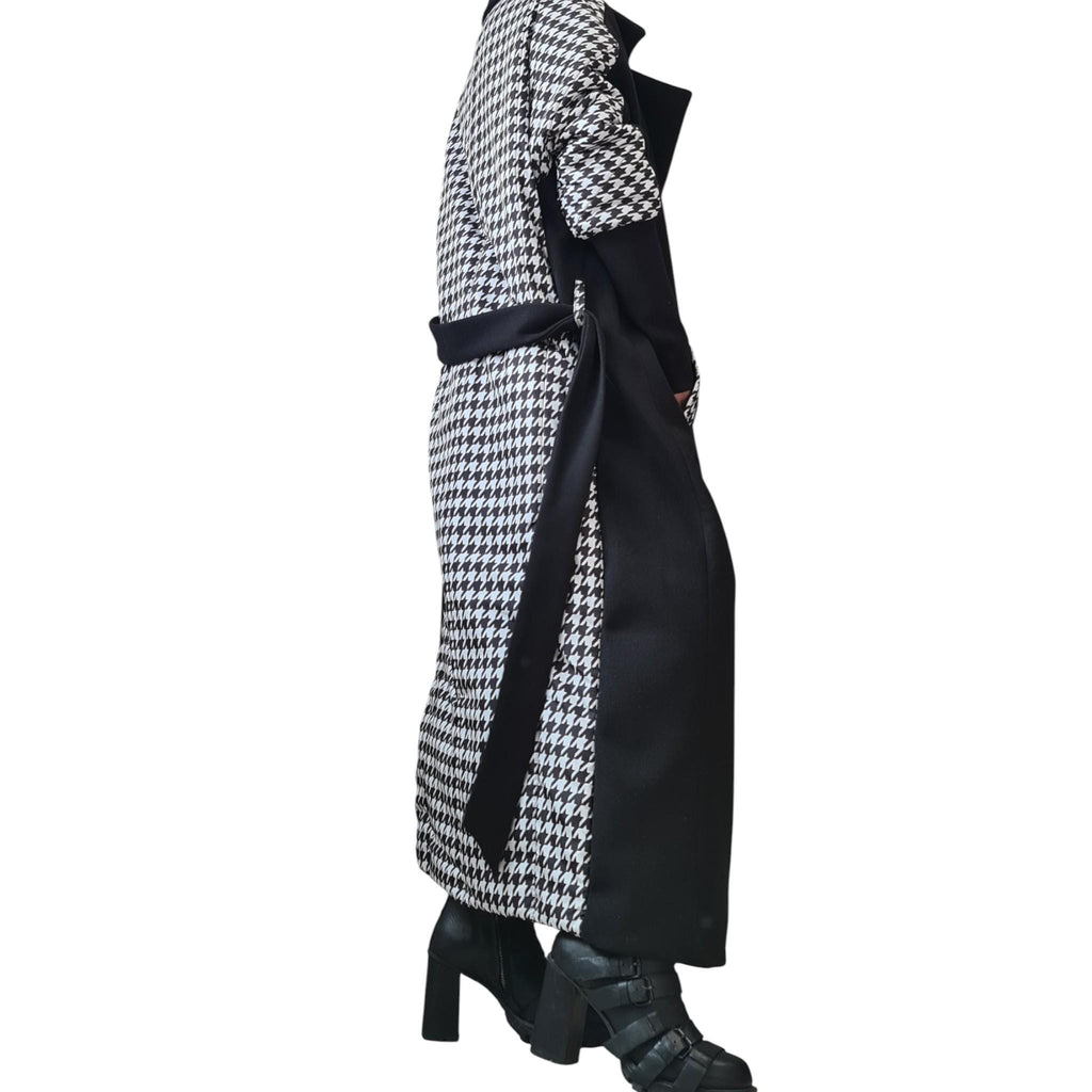 Black Asymmetric Wool Coat, Houndstooth Back Panel, Oversized Maxi Coat, Plus Size