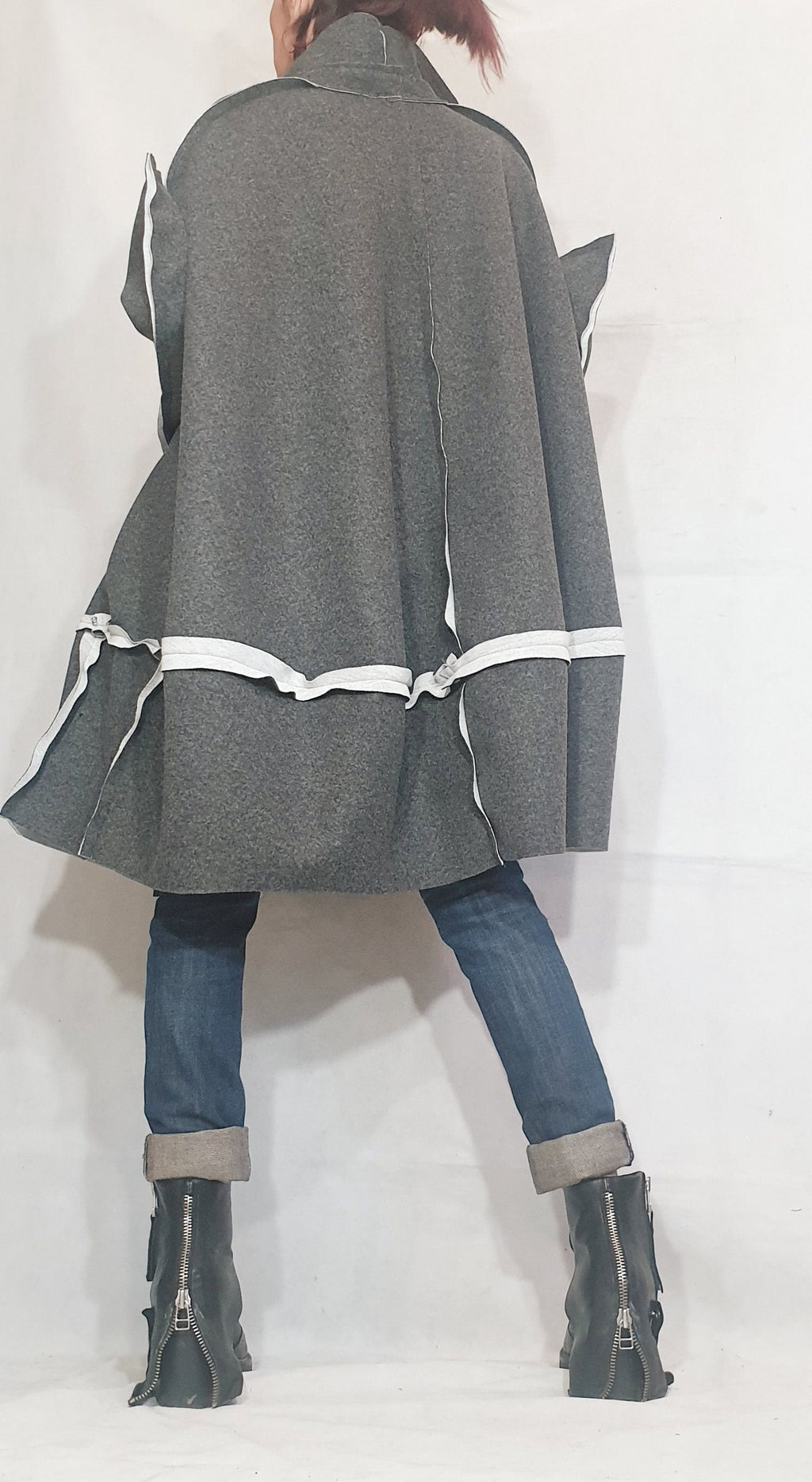 Grey Oversized Cape Coat, Asymmetric Hem, Wide Sleeves, Button Front, Contrast Trim, Plus Size