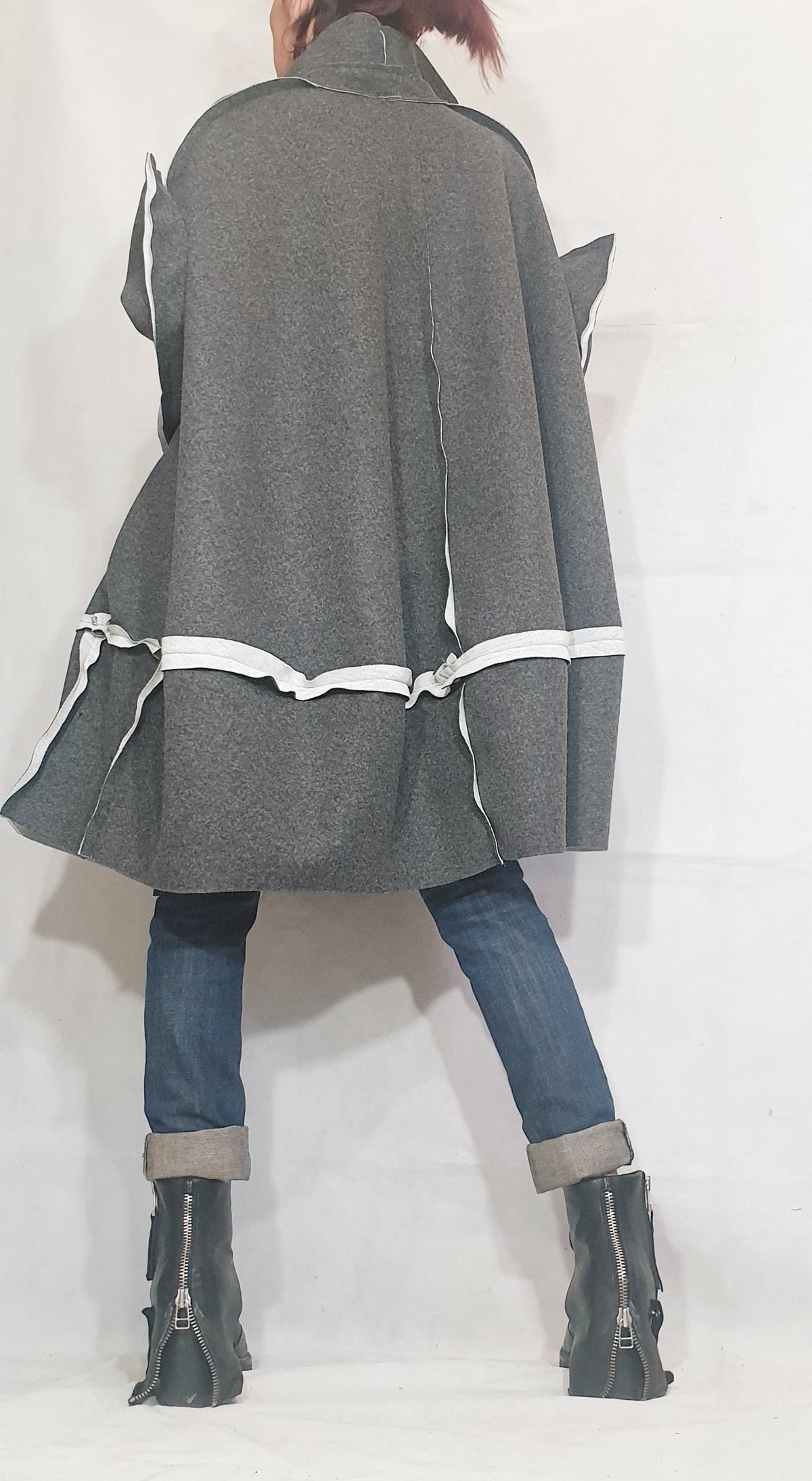 Grey Oversized Cape Coat, Asymmetric Hem, Wide Sleeves, Button Front, Contrast Trim, Plus Size