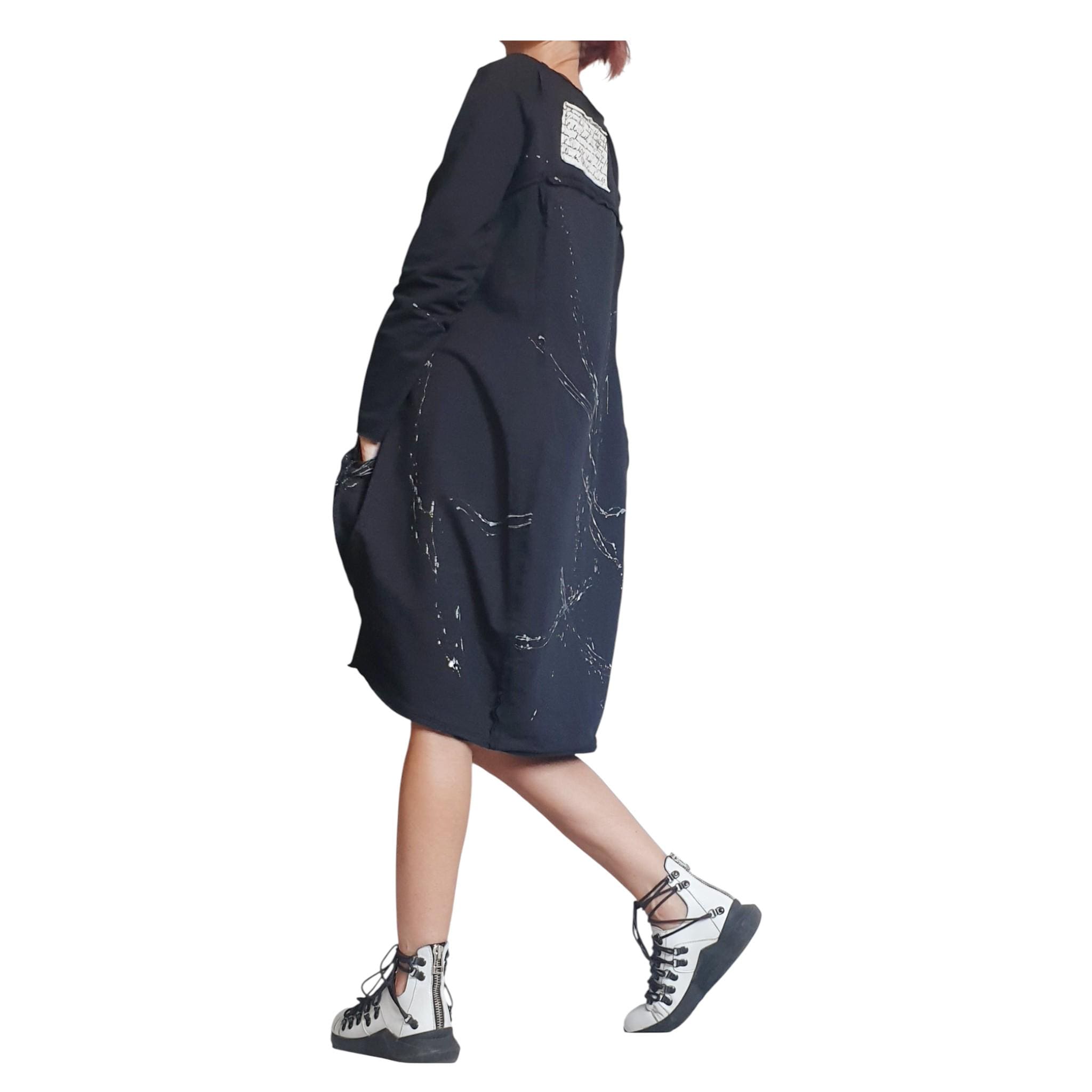 Black French Terry One Shoulder Dress, Asymmetric High Low Hem, Oversized  Sweatshirt Dress