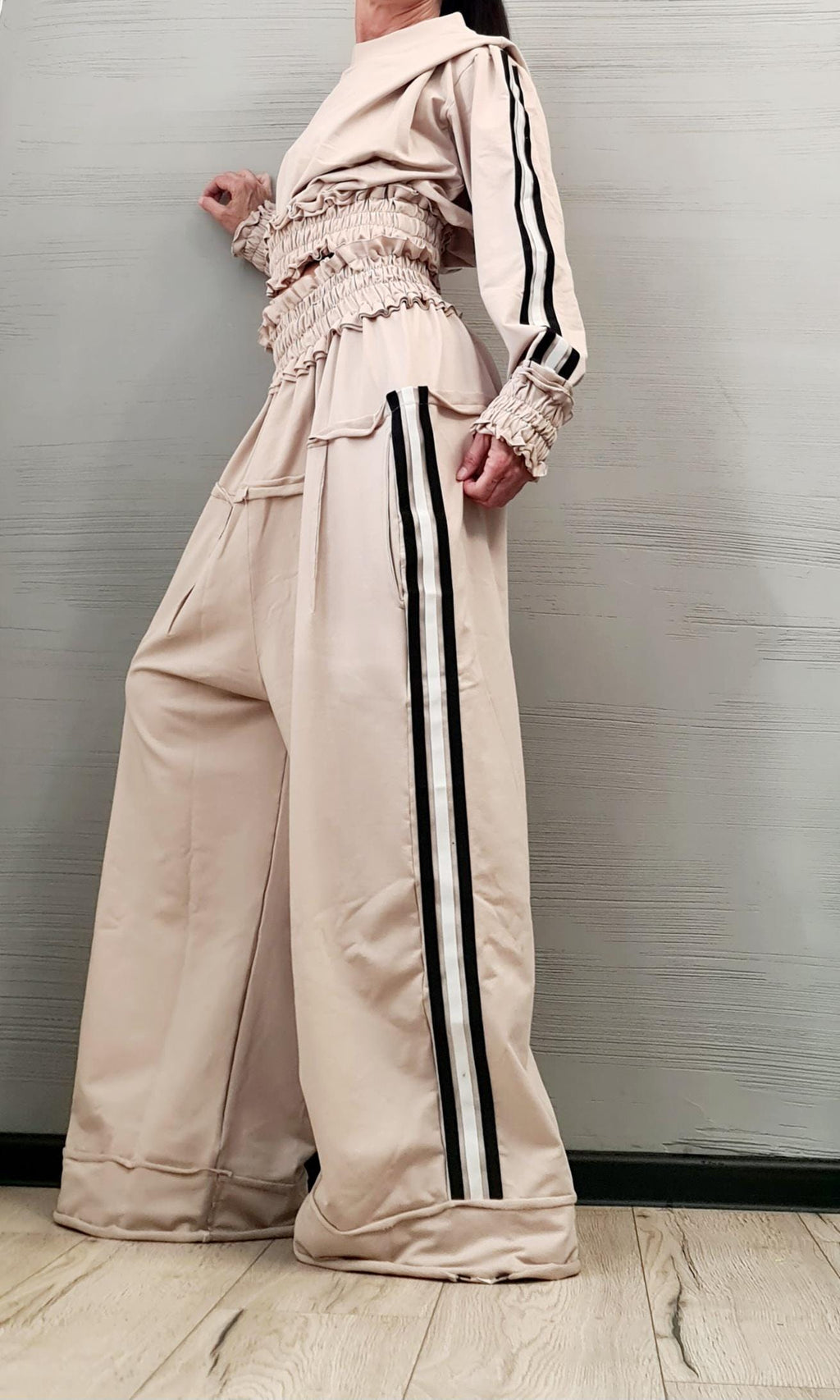 Beige Cotton Wide Leg Pants Set, Ruched Cropped Blouse, Contrast Stripes