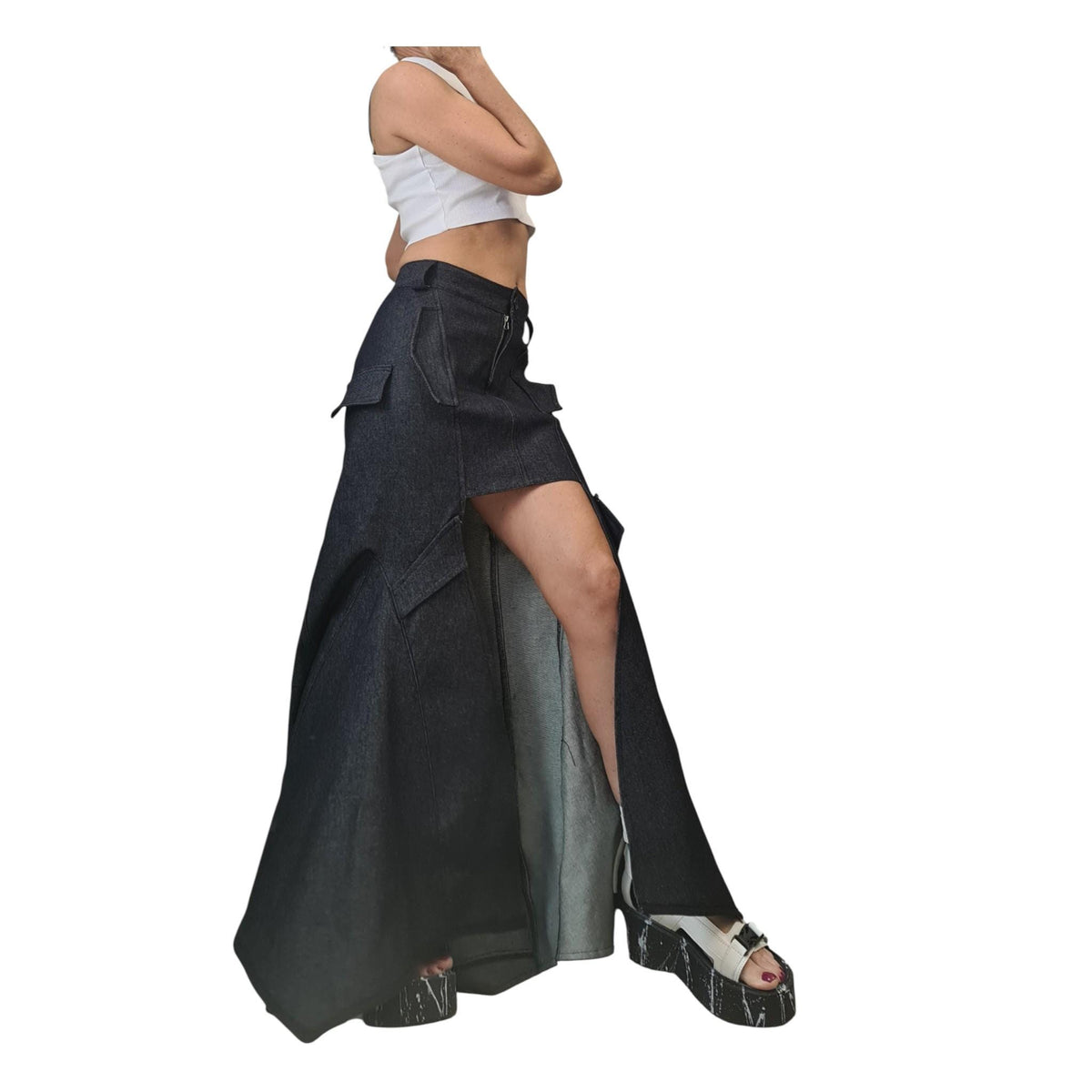 Extravagant Asymmetric Denim Skirt, Wrap A-Line Maxi Skirt