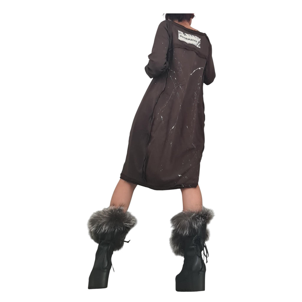 Brown French Terry Off Shoulder Dress for Women, Oversized Asymmetric Tunic, Balloon Shape