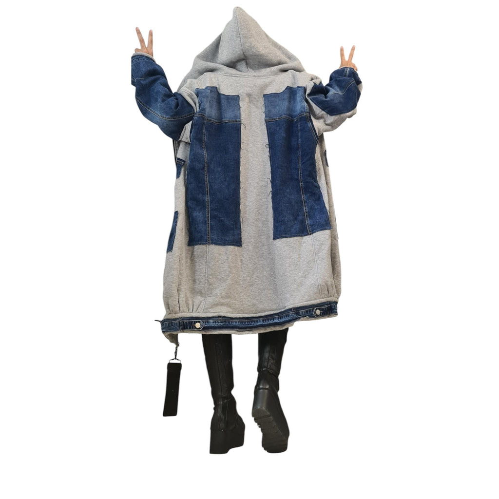 Avant Garde Denim Cotton Hoodie | Oversize Plus Size Sweatshirt | Handmade Streetwear for Women