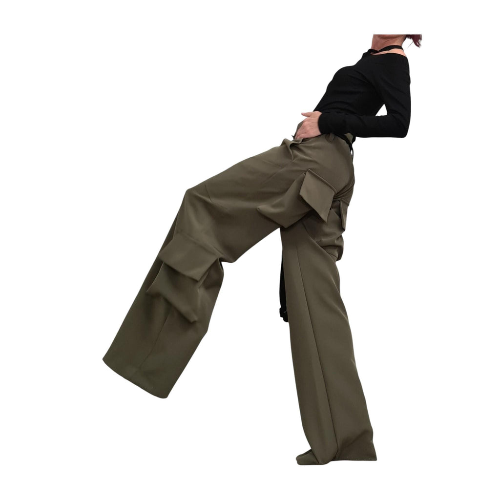 Military Green Cargo Pants, Wide Leg Trousers, High Waist