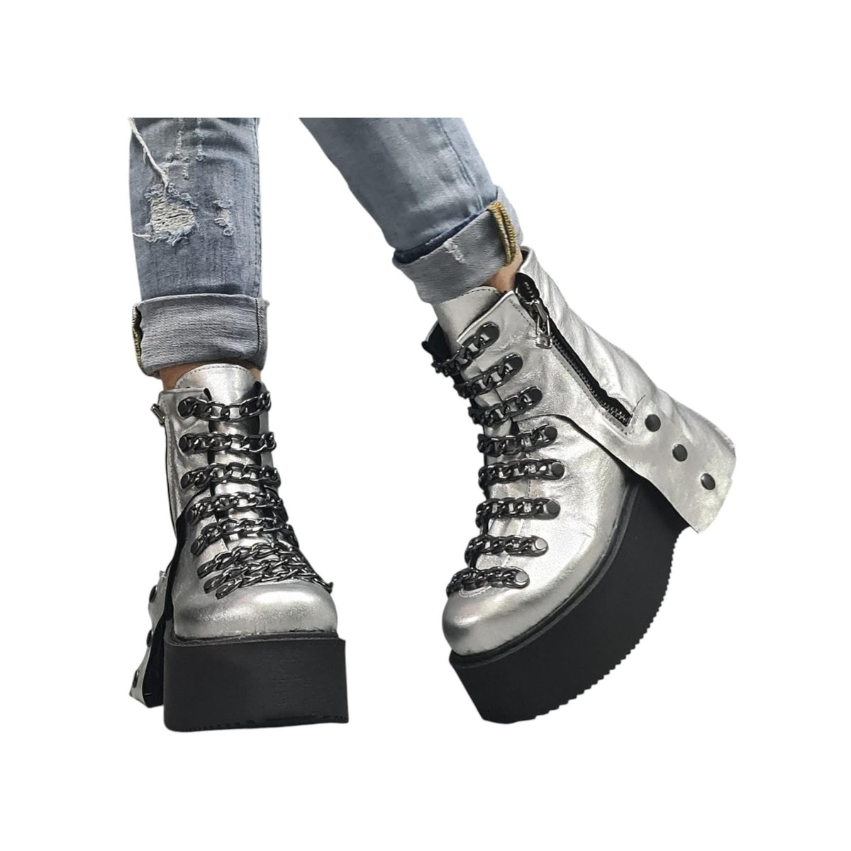Silver Leather Platform Ankle Boots, Gothic Women Shoes with Chains, Handmade Statement Footwear
