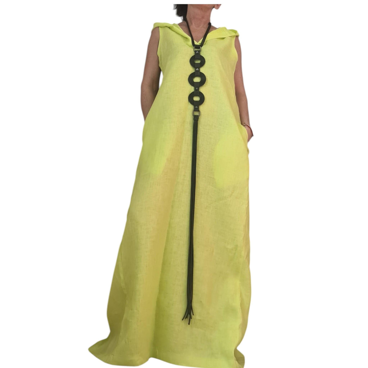 Lime Linen Hooded Maxi Dress with Pockets: Relaxed Summer Maxi, Boho Style