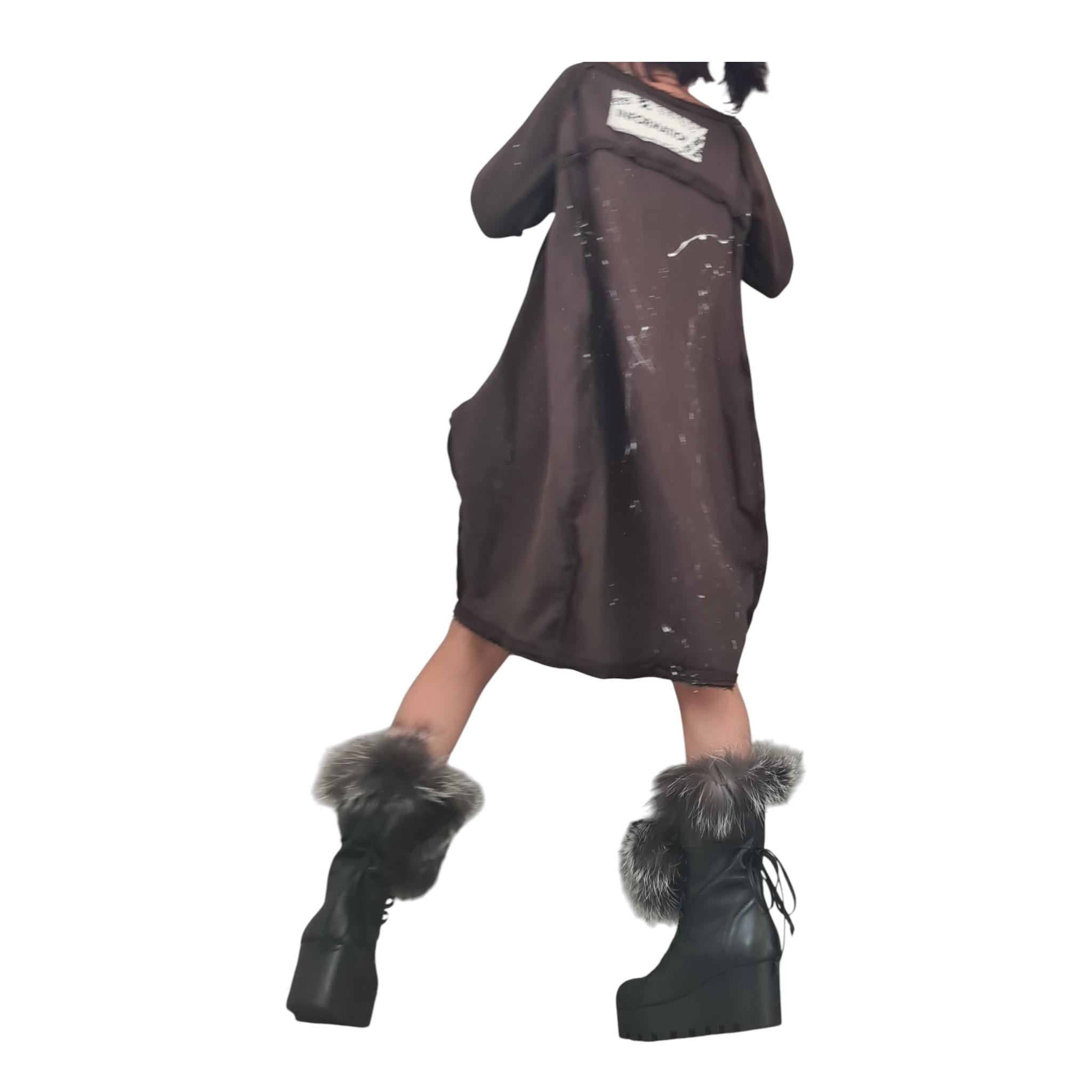 Brown French Terry Off Shoulder Dress for Women, Oversized Asymmetric Tunic Dress, Balloon Shape