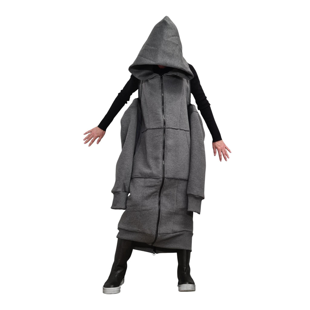 Grey Oversized Hooded Sweatshirt Dress, Sleeveless Maxi Zip Hoodie, Large Pockets, Plus Size
