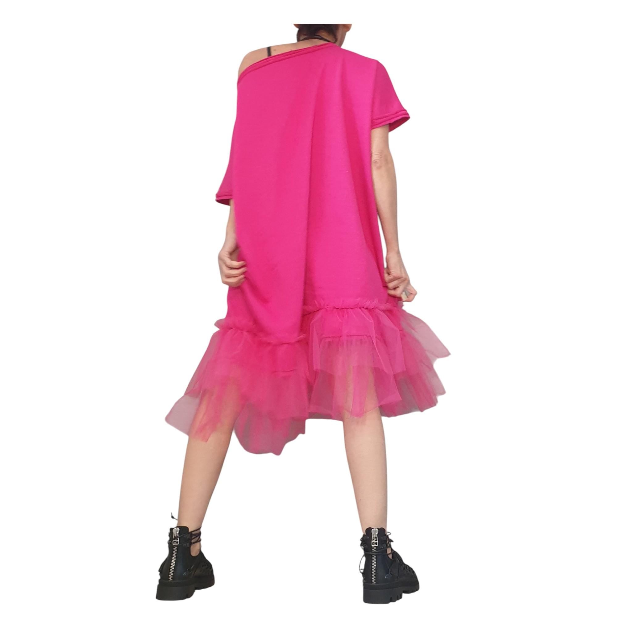 Fuchsia Asymmetrical Tulle Tunic, Cotton Avant Garde Dress, Loose Fit Plus Size Women