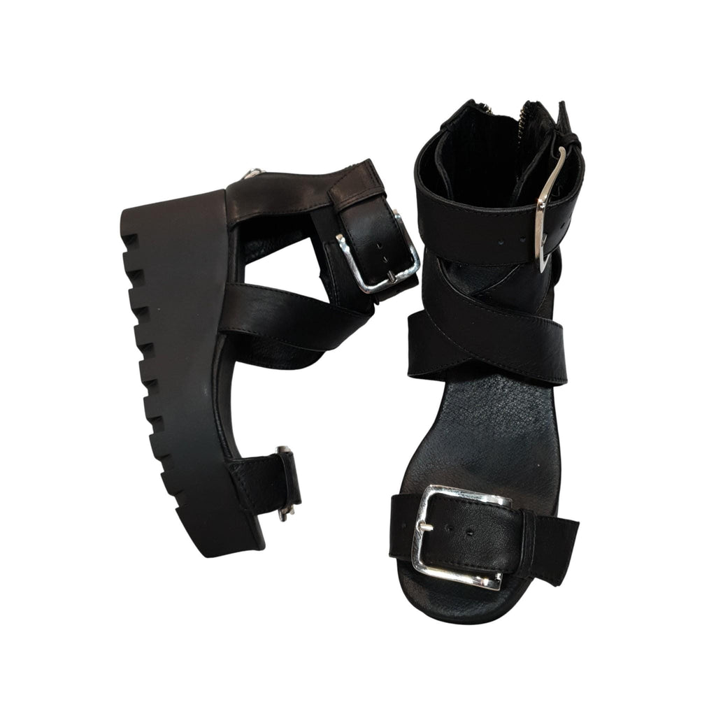 Black Leather Platform Sandals for Women, Wedge Gothic Strappy Shoes