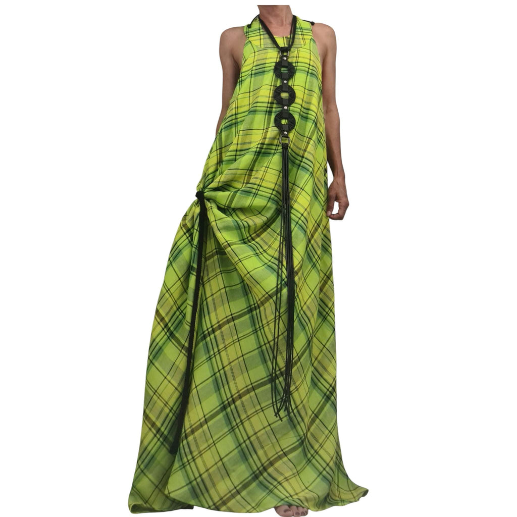 Lime Linen Asymmetric Dress for Women, Plaid Sleeveless Maxi Dress, Open Back Avant Garde