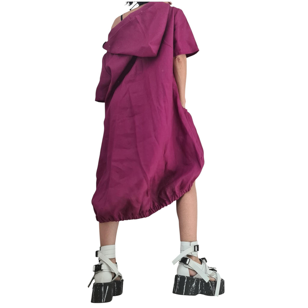 Plum Purple Linen Dress, Hooded Asymmetric Off Shoulder Dress, Oversized Short Sleeve