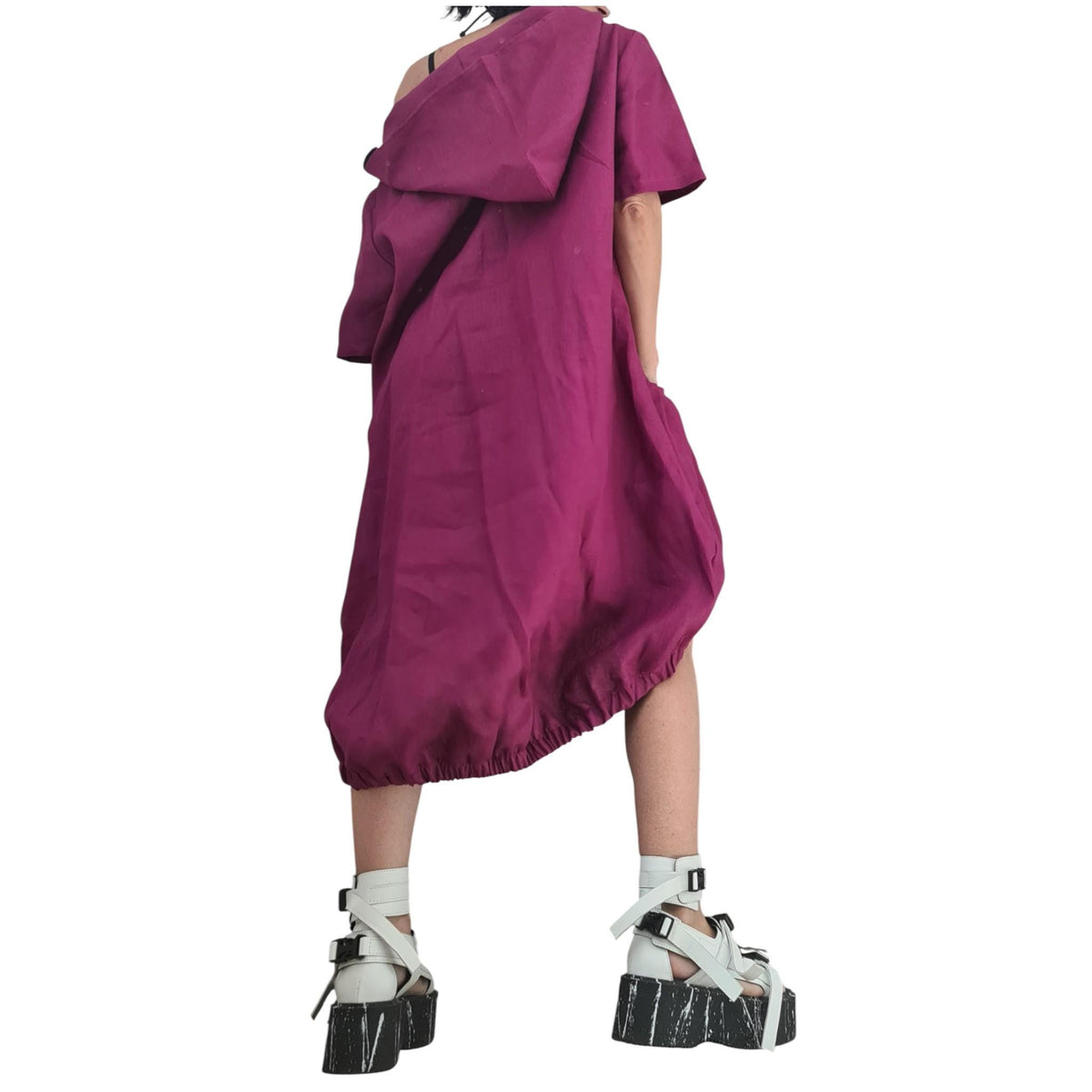 Plum Purple Linen Dress, Hooded Asymmetric Off Shoulder Dress, Oversized Short Sleeve