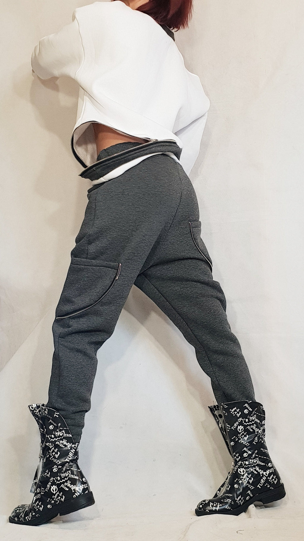 Grey Cotton Drop Crotch Pants, White Asymmetrical Cropped Sweatshirt, Contrast Trim, Two-Piece Co-Ord Set