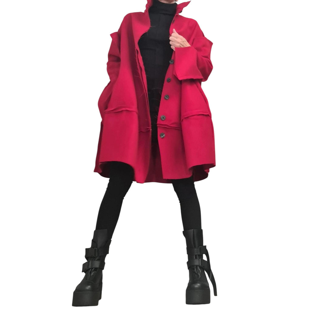 Red Wool Oversized Coat, Knee Length Plus Size Jacket, Deconstructed Sleeves