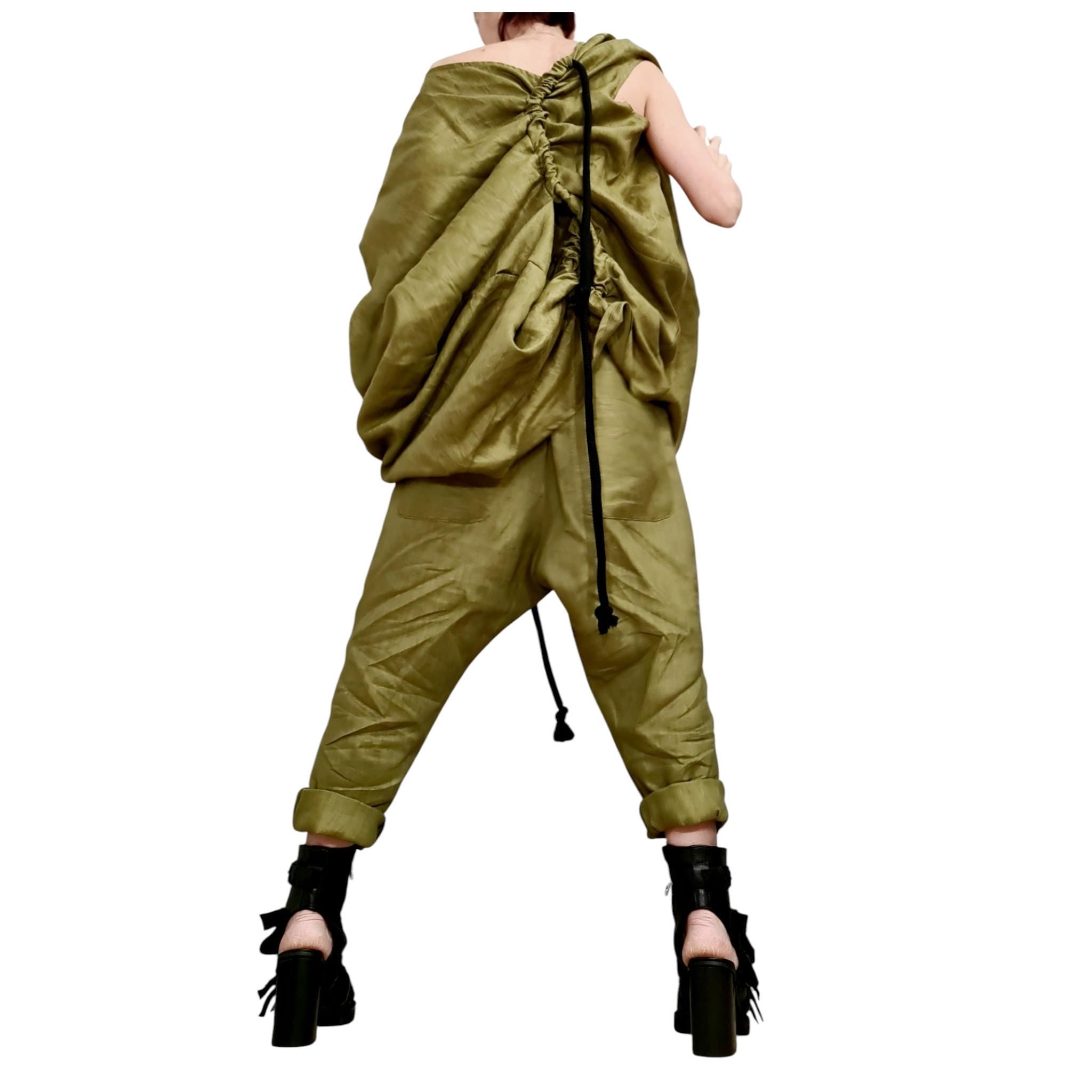 Military Green Linen Set – Avant Garde Drop Crotch Pants and Tunic