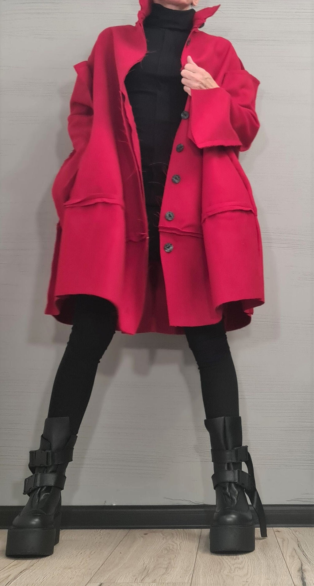 Red Wool Oversized Coat, Knee Length Plus Size Jacket, Deconstructed Sleeves