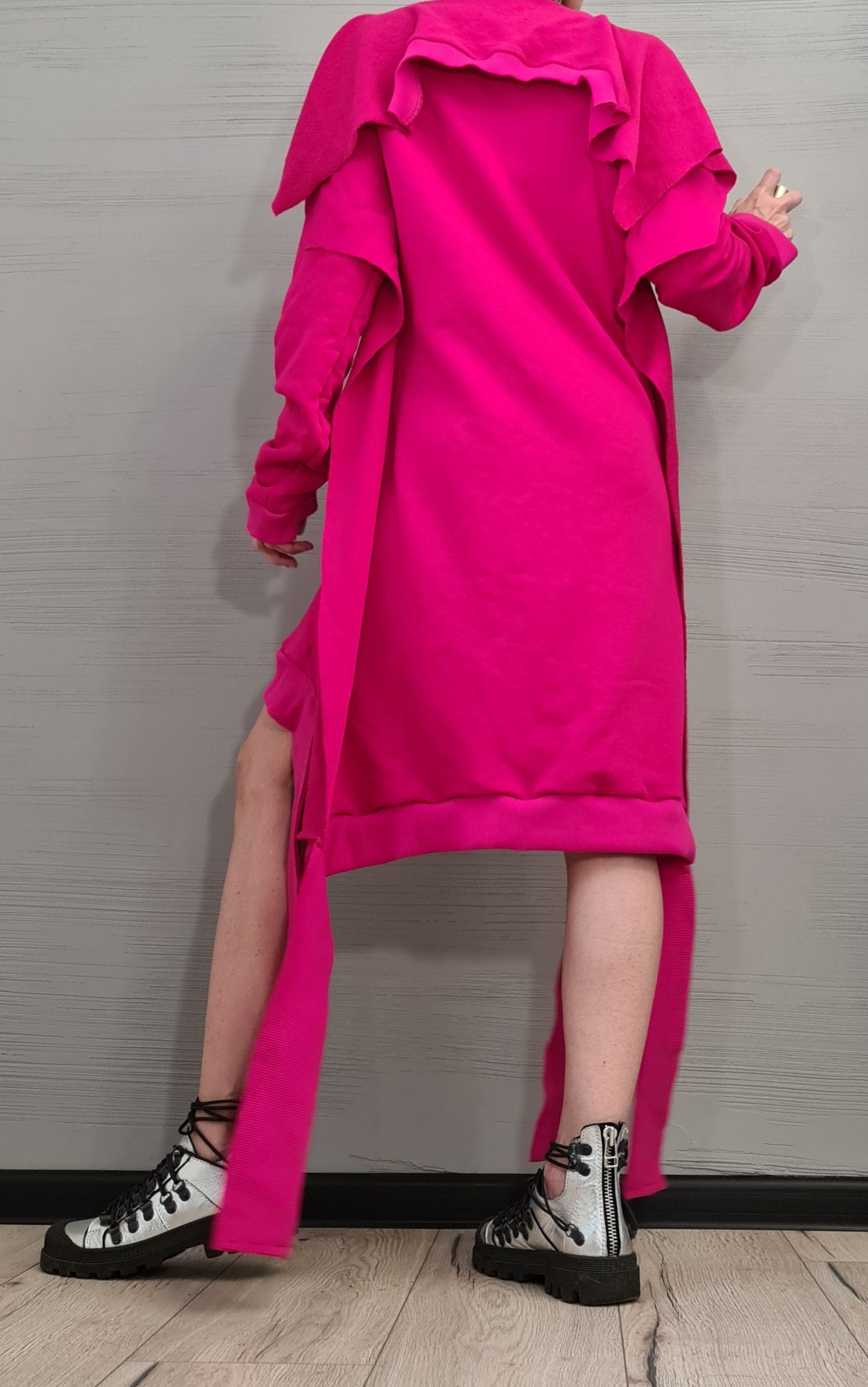 Fuchsia Asymmetrical Tunic, Cotton Loose Fit, Removable Sleeves Dress, Plus Size Dress for Women