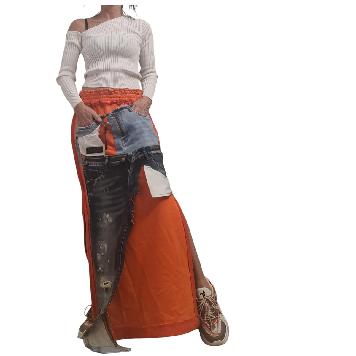 Orange Extravagant Long Skirt, Cotton Denim, Deconstructed Avant Garde Skirt Outside Seam