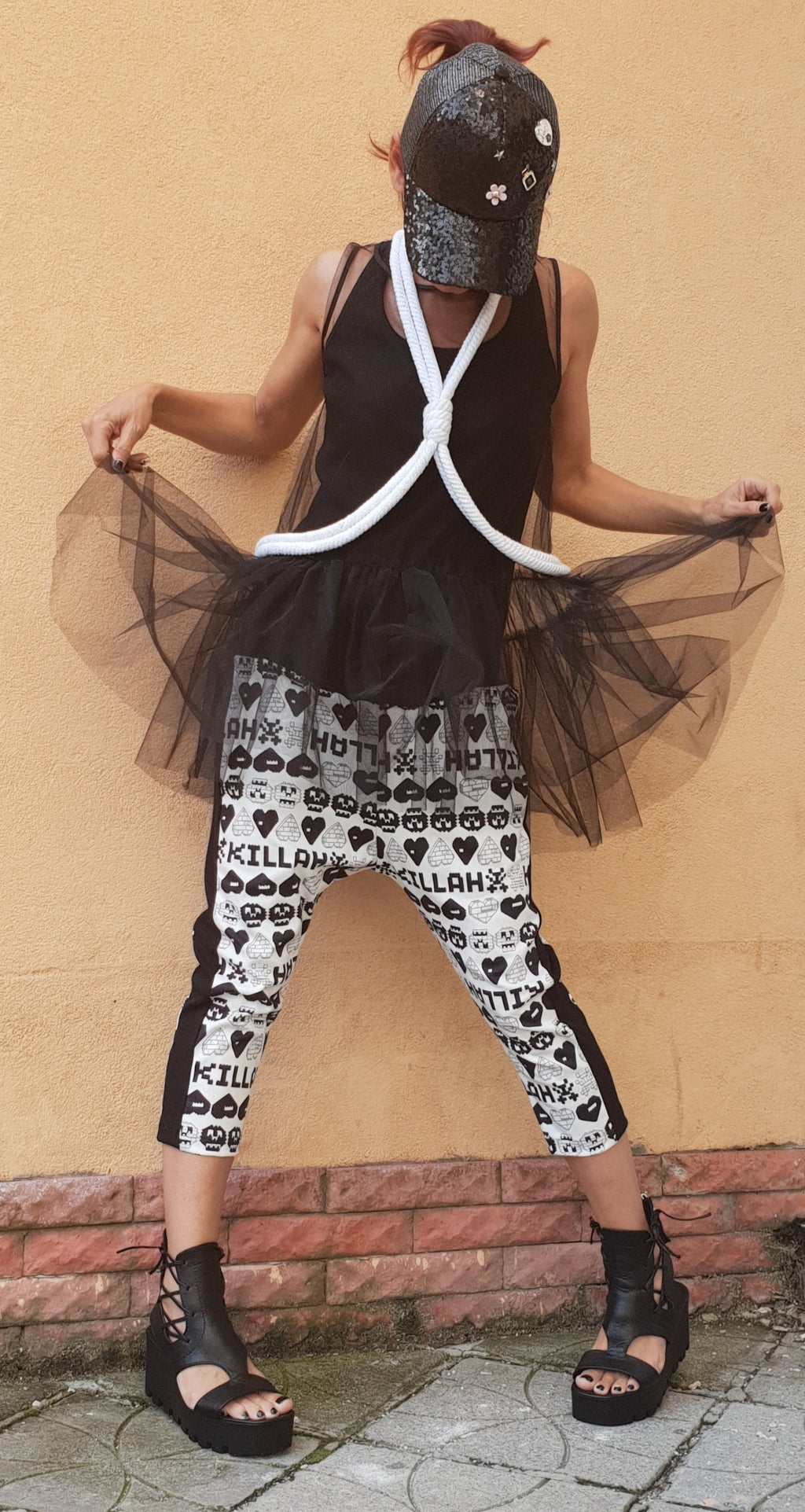 White Graphic Print Pants, Black Side Panels, Cropped Leg