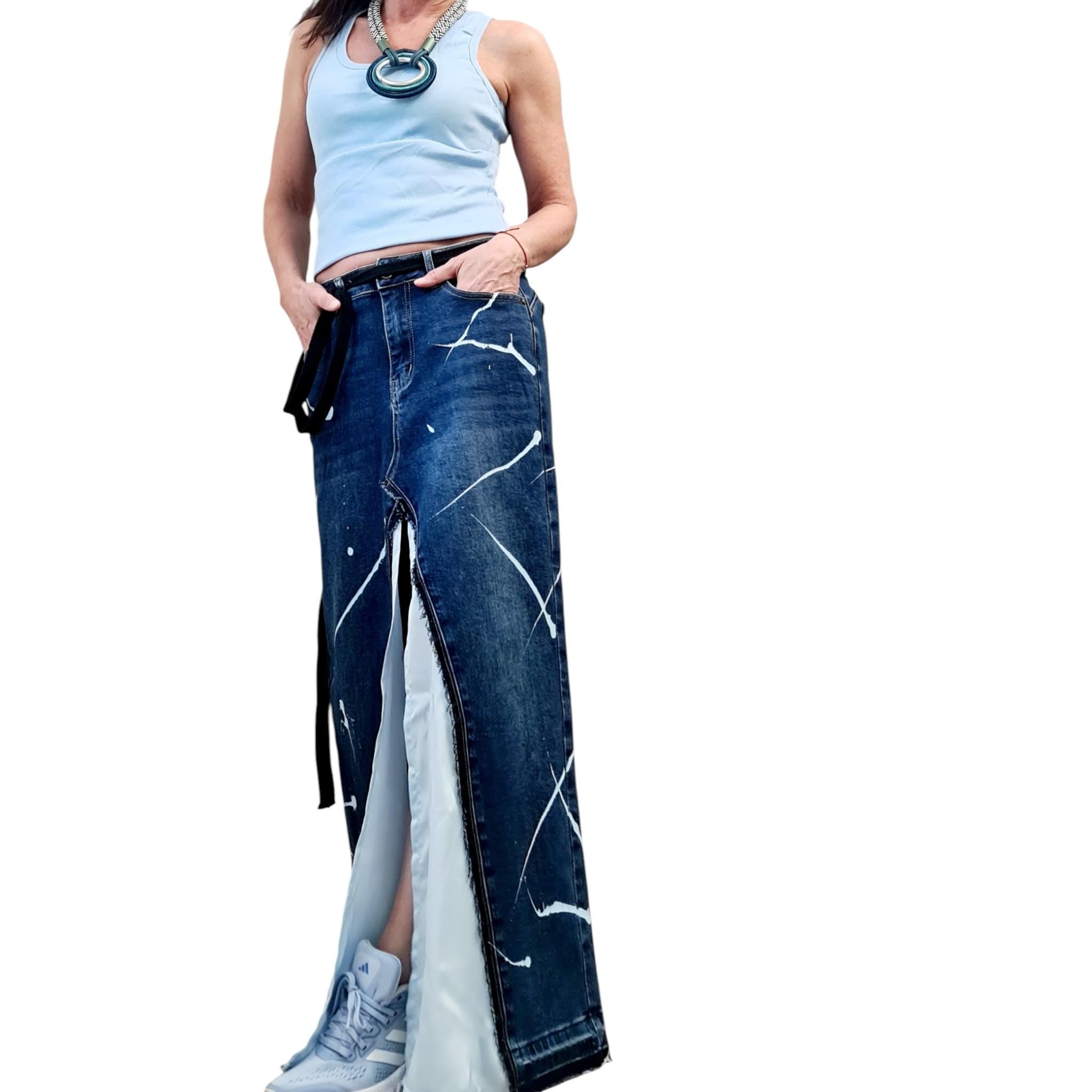 Asymmetric Denim Skirt Maxi Length Blue Satin Panel High Waist Avant Garde Clothing