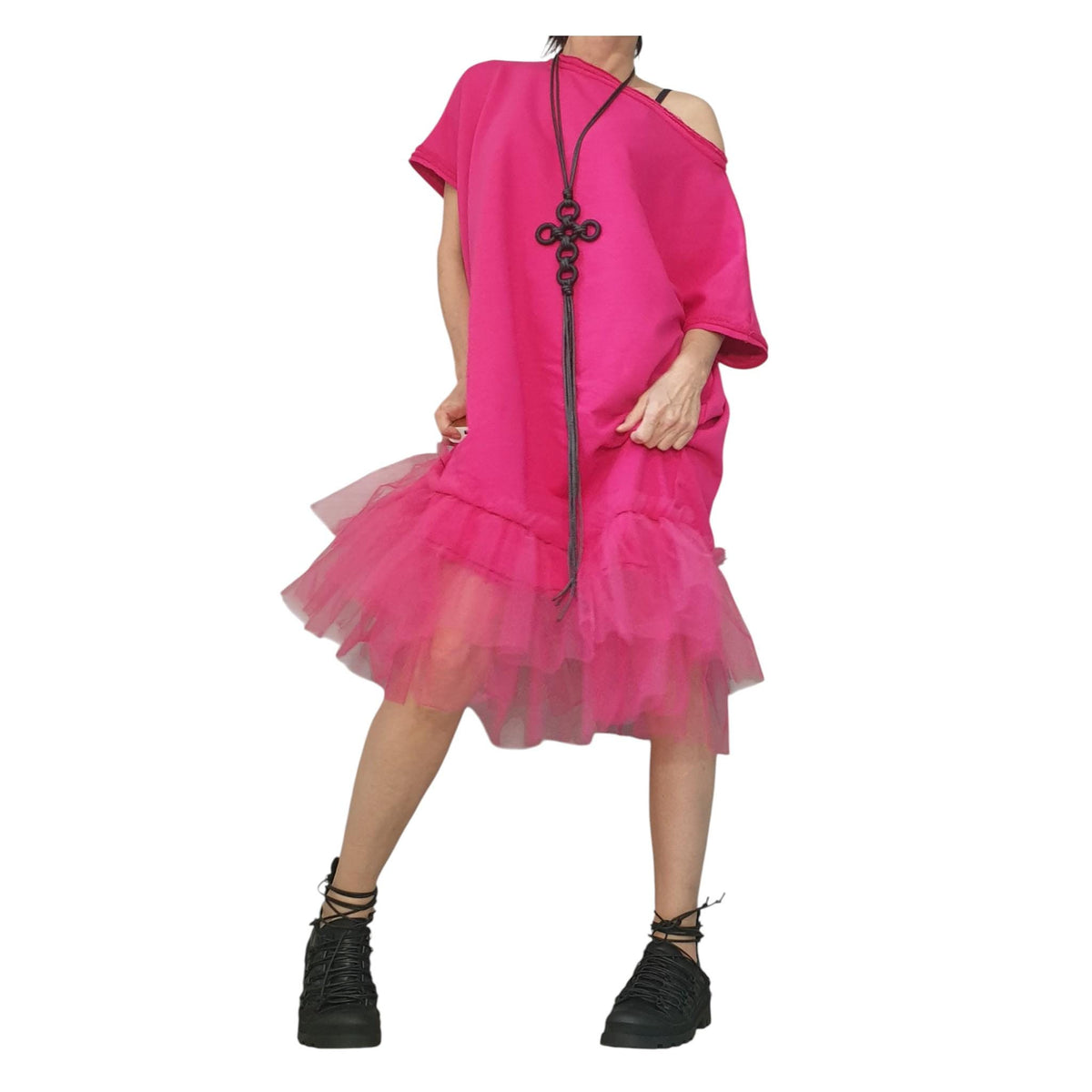 Fuchsia Asymmetrical Tulle Tunic, Cotton Avant Garde Dress, Loose Fit Plus Size Women
