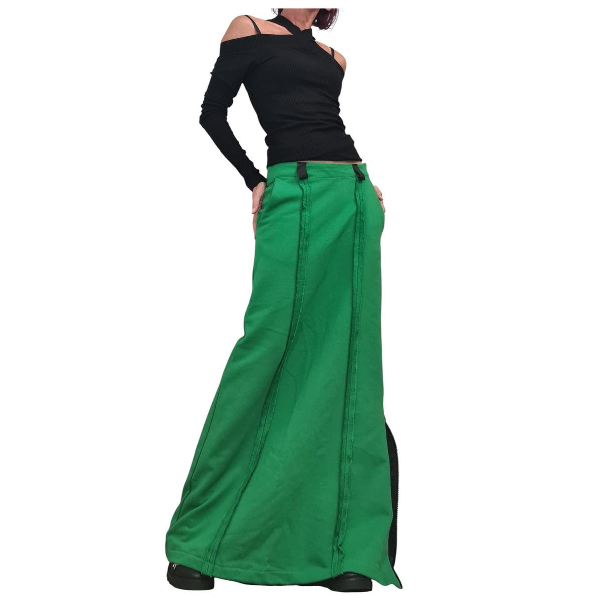 Green Long Slit Skirt, Cotton A Line Skirt, Avant Garde Style