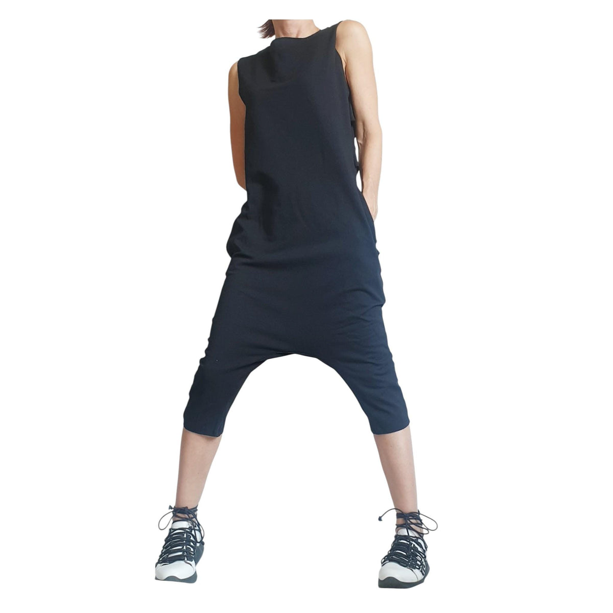 Black Harem Jumpsuit Loose Drop Crotch Women Outfit Asymmetric Oversize Gothic Grunge Clothing