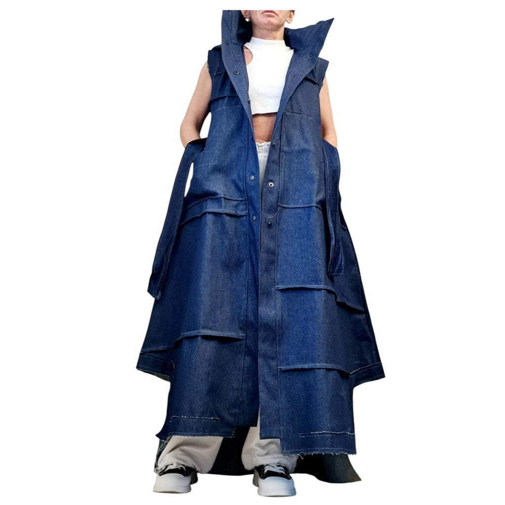 Denim Hooded Vest, Extravagant Asymmetric Trench Coat, Avant Garde Sleeveless Jacket