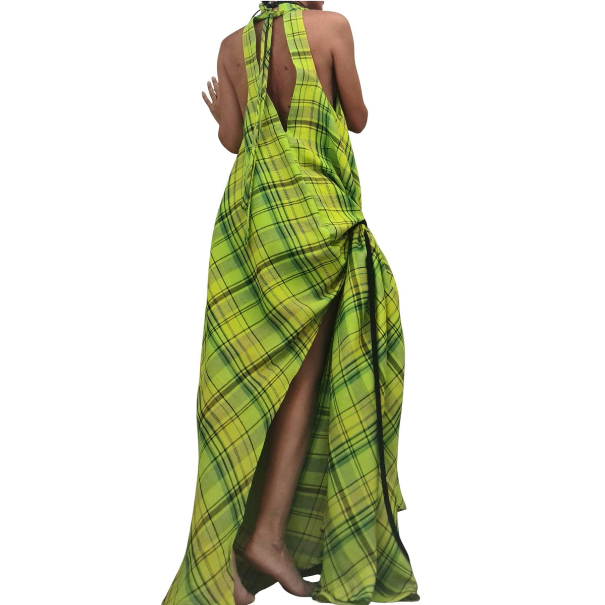 Lime Plaid Linen Maxi Dress for Women, Sleeveless Asymmetric Kaftan, Open Back Dress