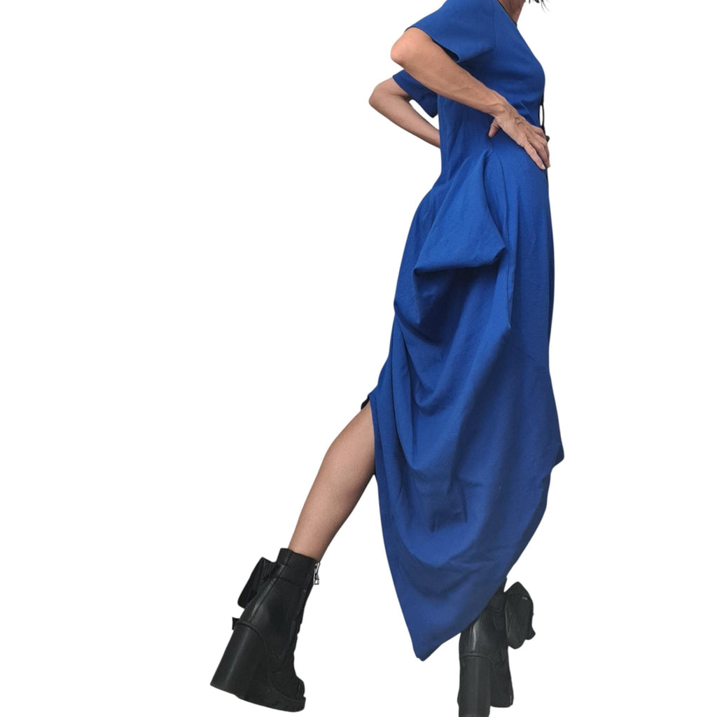 Yellow Cotton Rib Maxi Dress, Asymmetric Avant Garde Dress, Plus Size Clothing