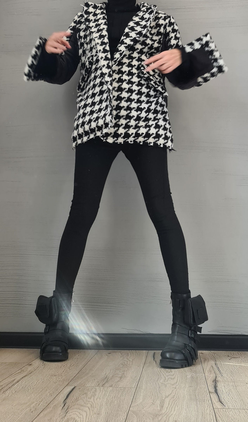Black and White Houndstooth Wool Coat, Oversized Winter Jacket, Quilted Puffer Lining