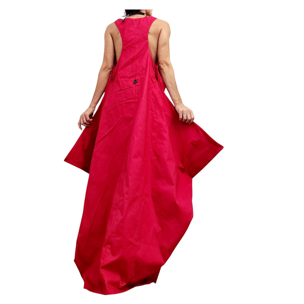 Red Backless Maxi Dress, Sleeveless Evening Wide Silhouette, Adjustable Design, Plus Size