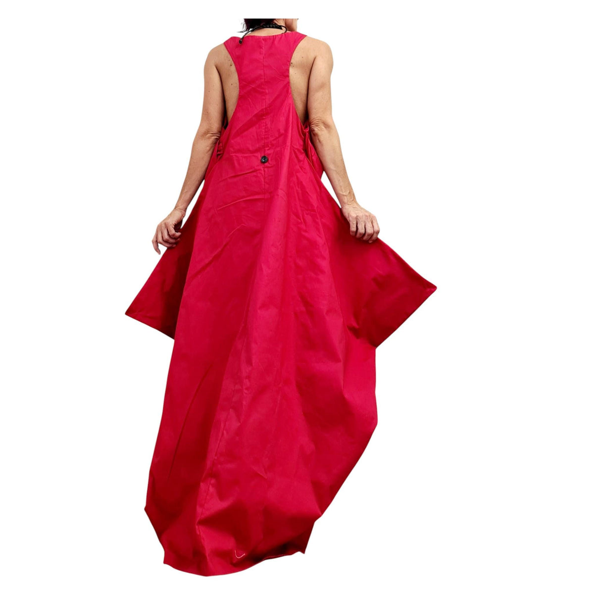 Red Backless Maxi Dress, Sleeveless Evening Wide Silhouette, Adjustable Design, Plus Size