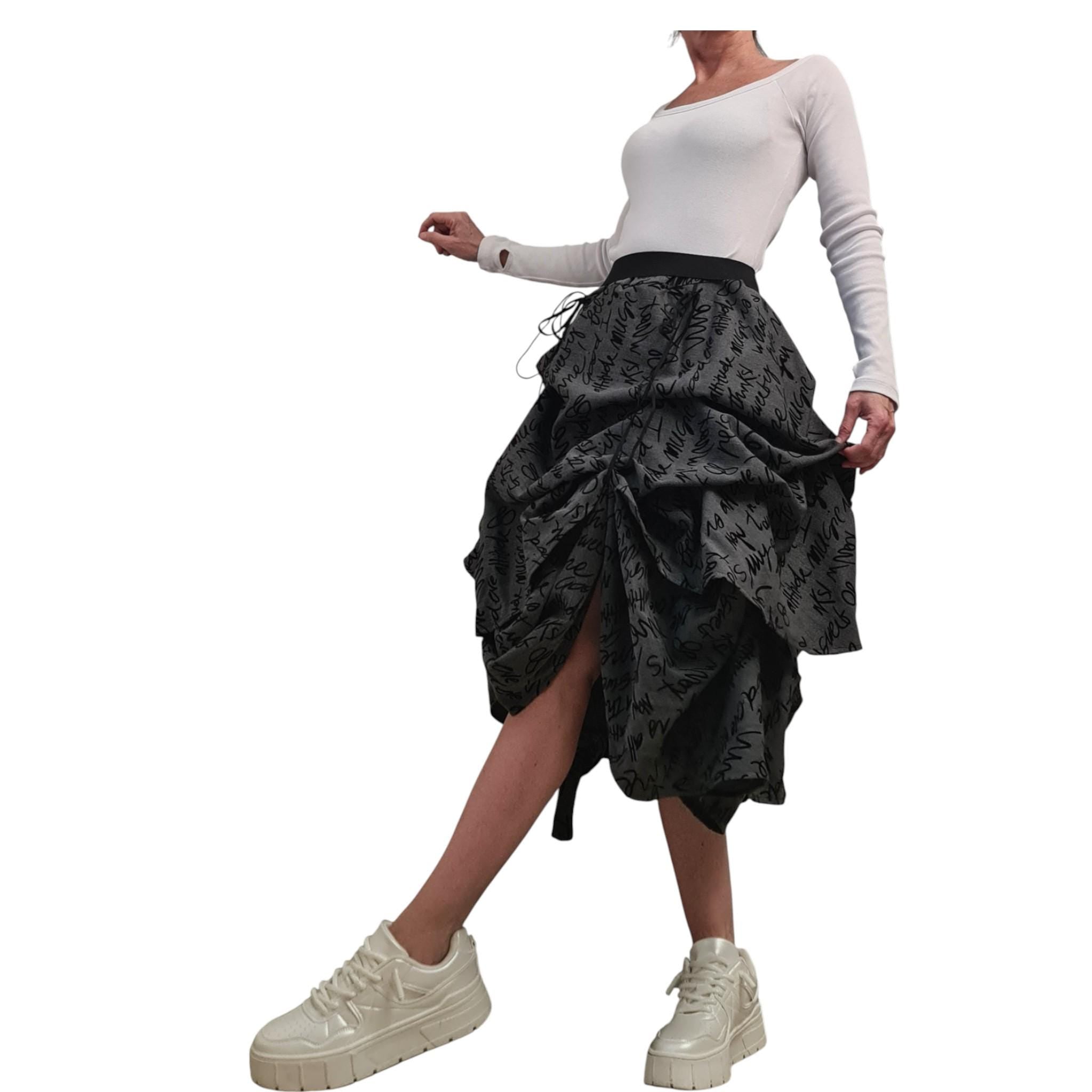 Asymmetric Maxi Skirt, Adjustable Length, Avant Garde Handmade, Balloon Silhouette ,Text Print, Knee Length