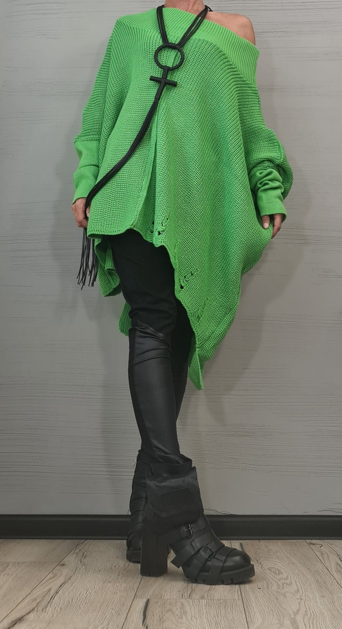 Green Asymmetrical Knitted Tunic, Loose Fit Blouse, Open Shoulder Sweater