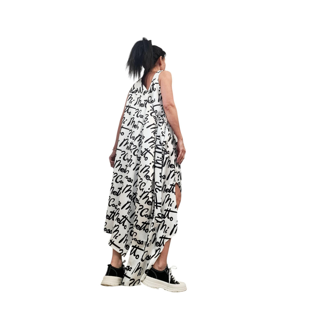 White Asymmetric Maxi Dress, Graffiti Print Tunic, Sleeveless Satin Kaftan for Women