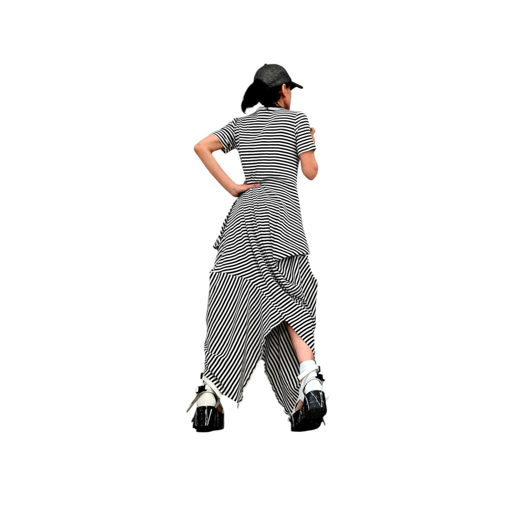 Striped Cotton Asymmetric Dress High Low Hem, Oversized Avant Garde Fashion