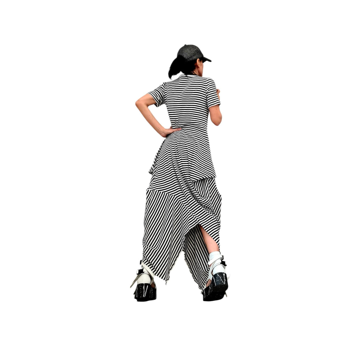 Striped Cotton Asymmetric Dress High Low Hem, Oversized Avant Garde Fashion