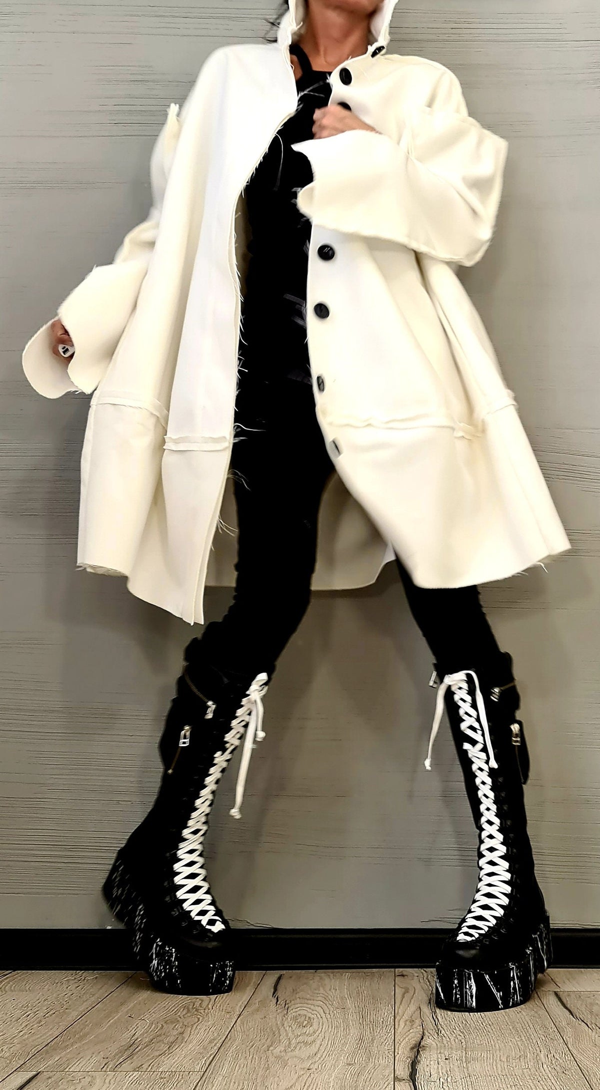 Ivory Oversized Wool Coat, Plus Size Loose Jacket, High Collar Winter Outerwear