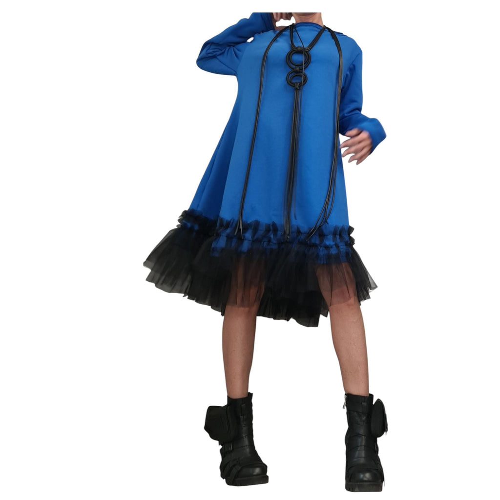 Royal Blue Off Shoulder Dress - Black Tulle Hem, Loose Fit