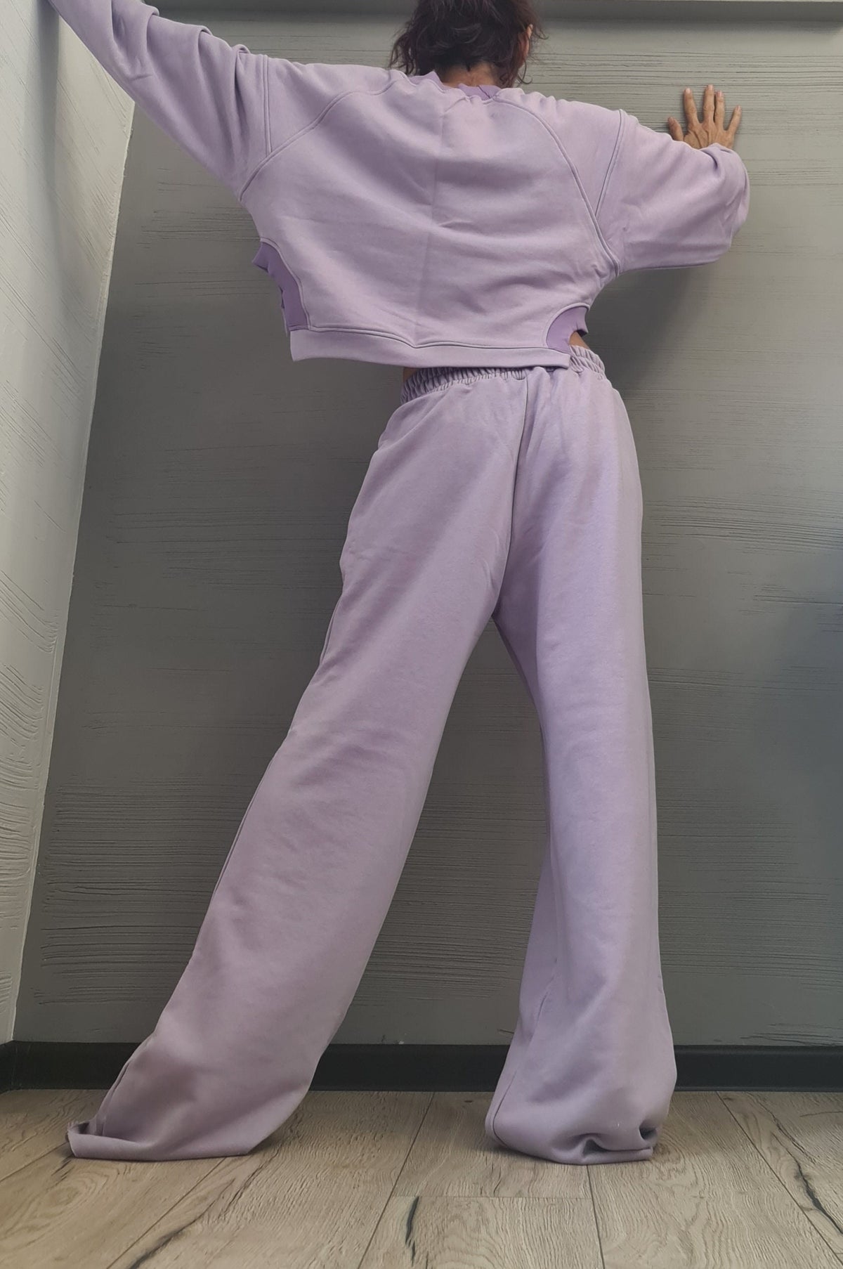 Lavender Cotton Wide Leg Pants, Knee Cutout,  Cropped Sweatshirt, Two-Piece Co-Ord Set