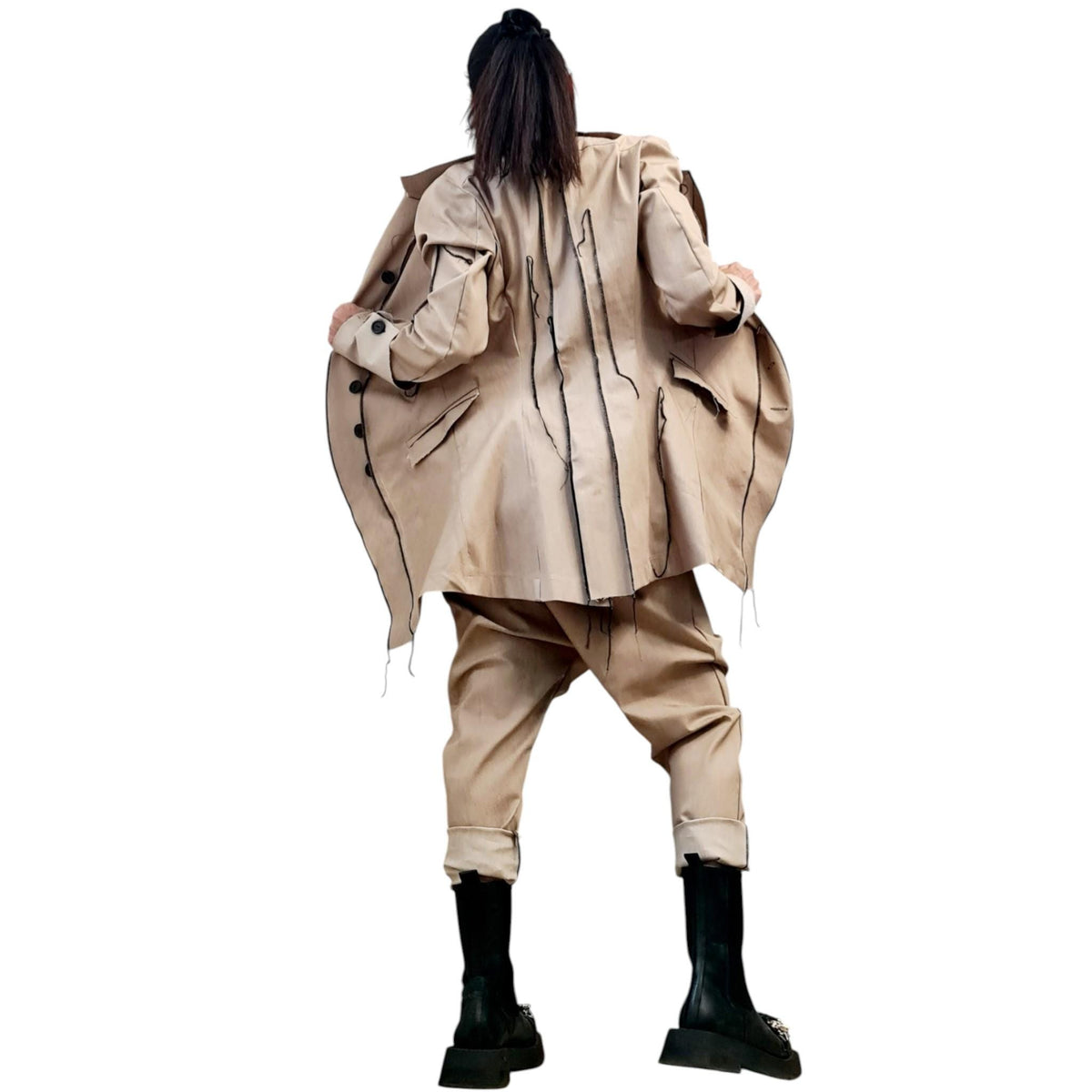 Extravagant Denim Women Costume, Asymmetric Avant Garde Blazer, Cargo Pants