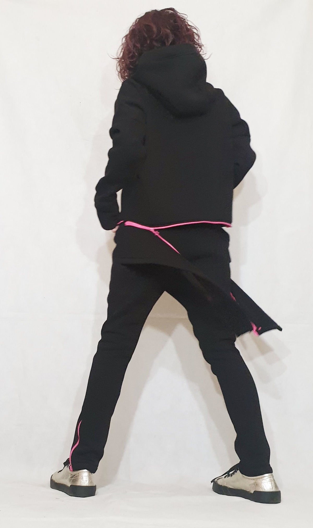 Black Cotton Drop Crotch Pants, Asymmetrical Hooded Sweatshirt, Pink Zipper, Two-Piece Co-Ord Set