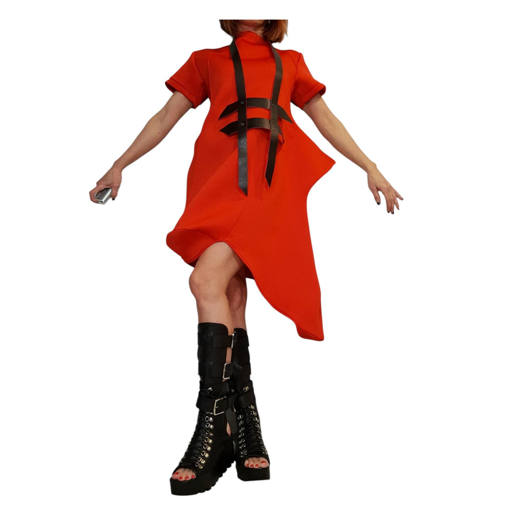 Red Asymmetric Tunic, Sculptural Neoprene Dress, Avant Garde Dress for Women