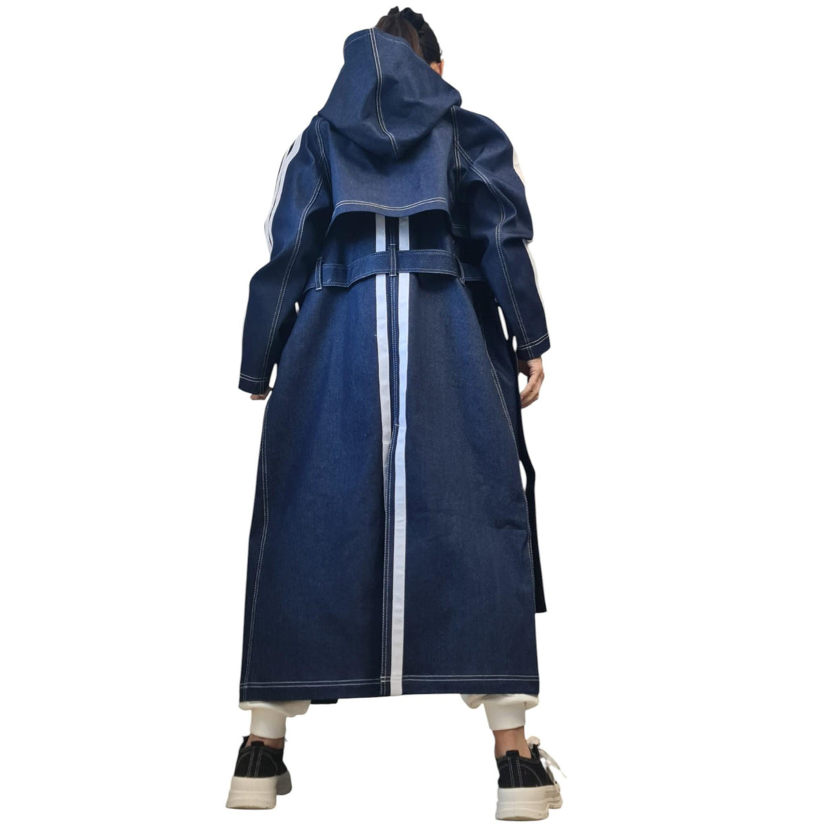 Denim Two Piece Trench Coat, Cropped Jacket and Long Hooded Vest, Oversized Asymmetrical Set