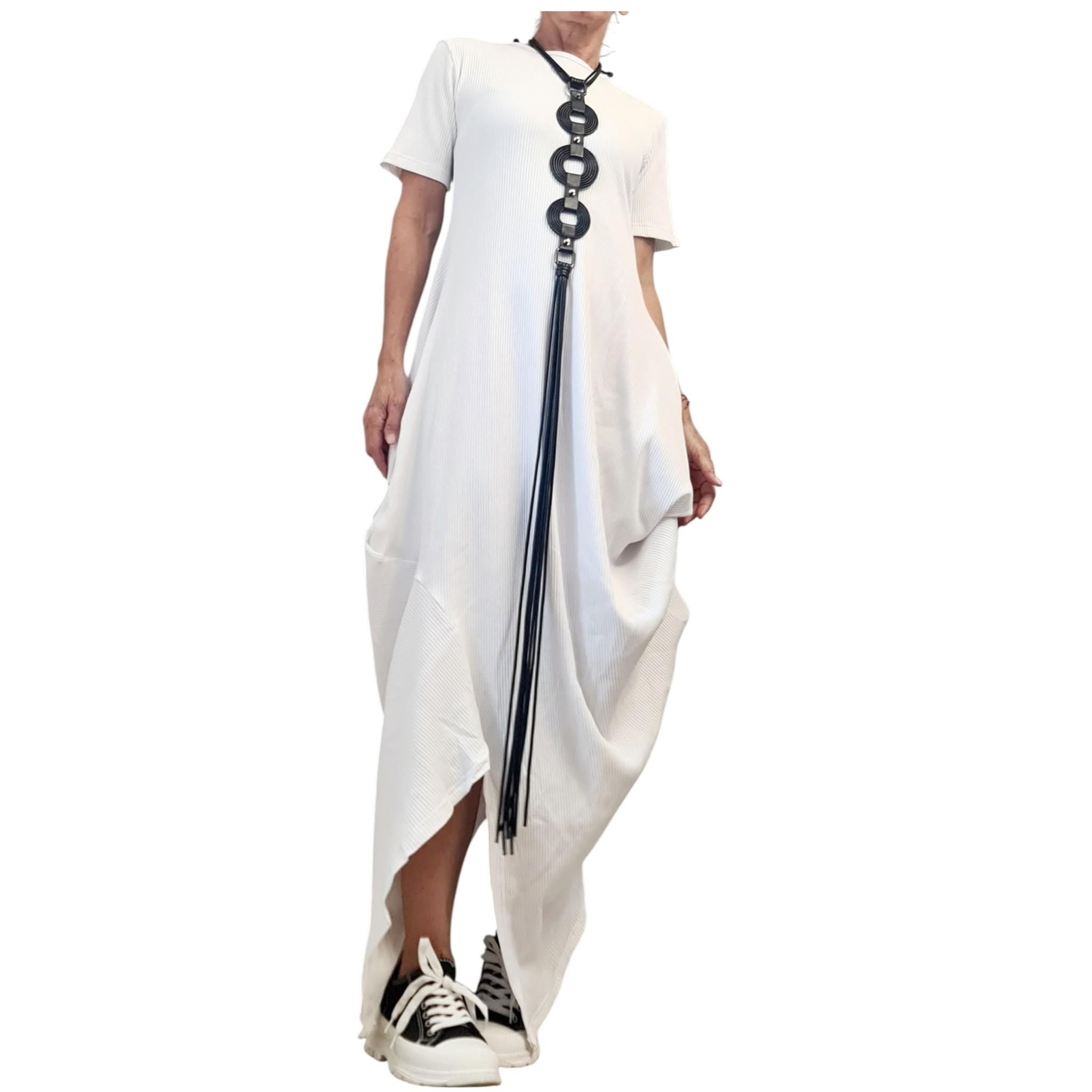 White Asymmetric Cotton Rib Maxi Dress, Avant Garde Loose Dress, Plus Size Clothing