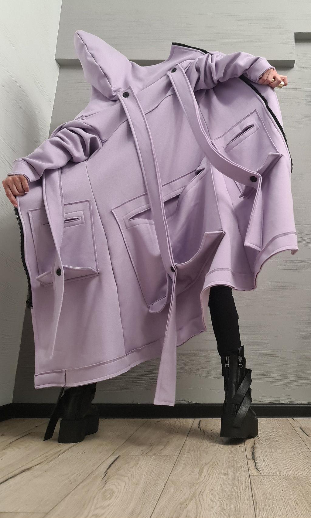 Lavender Oversized Hooded Cotton Coat, Plus Size Long Sweatshirt Jacket, Large Cargo Pockets